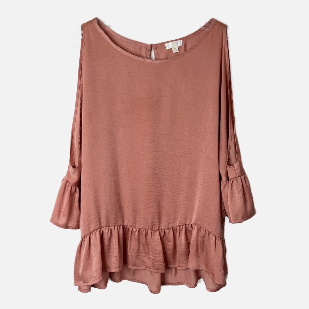 Charming Charlie Cold Shoulder Top Blush Pink Blouse Bell Sleeve Ruffle Size XL